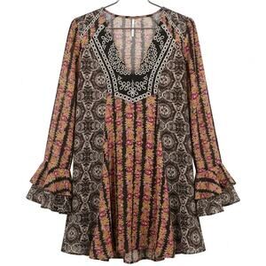Free People Dress Womens Medium Fallin Into You Tunic Long Sleeve Ruffles Puffed